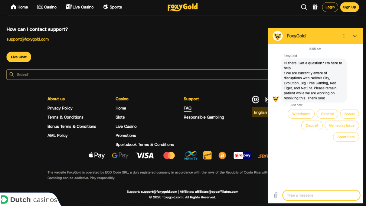 FoxyGold Casino klantenservice