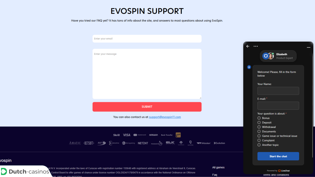 EvoSpin Klantenservice van het casino