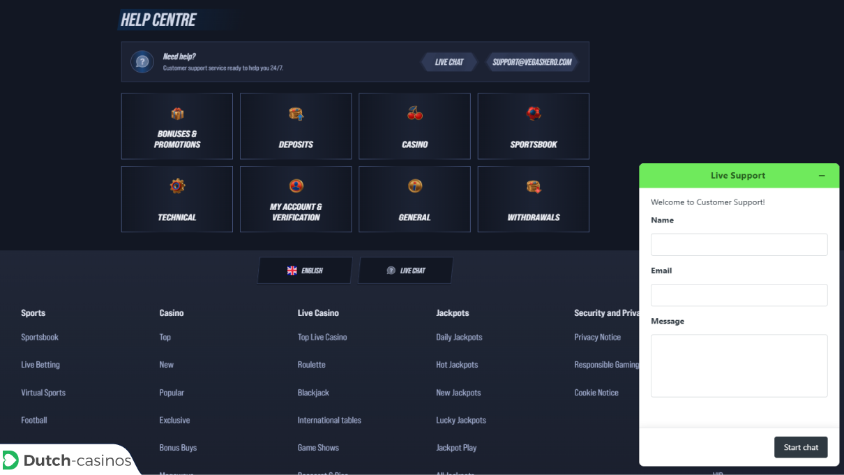 Vegashero Klantenservice van het casino