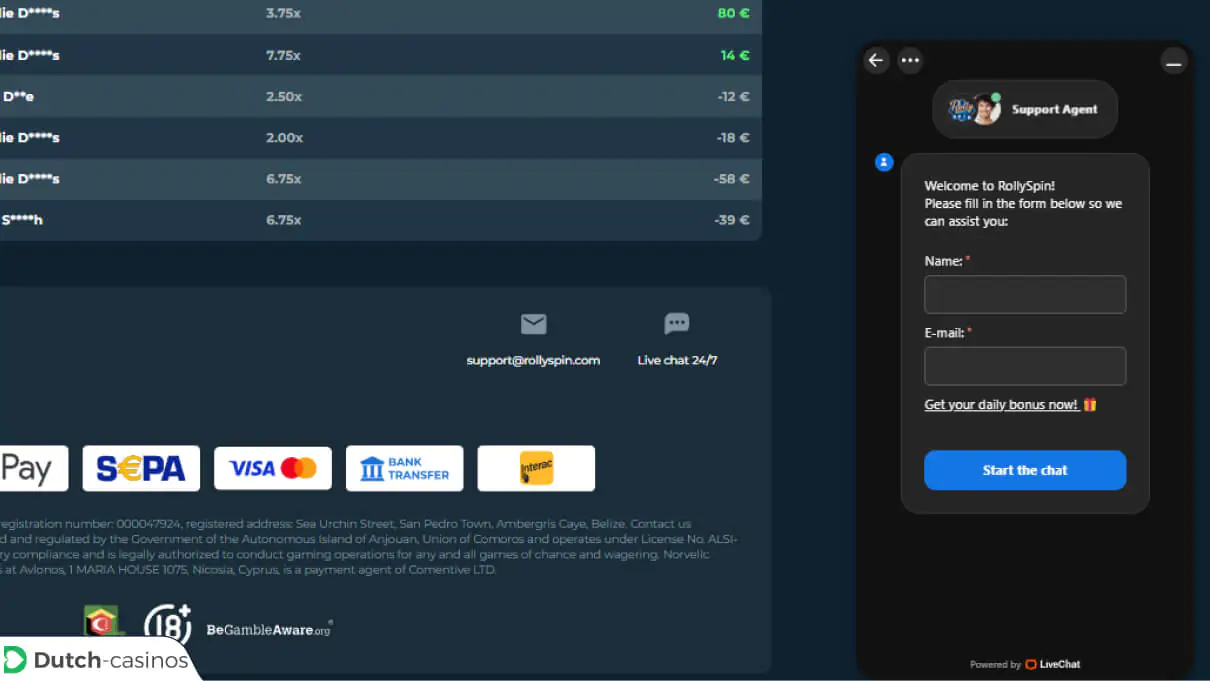 Rolly Spin Klantenservice van het casino