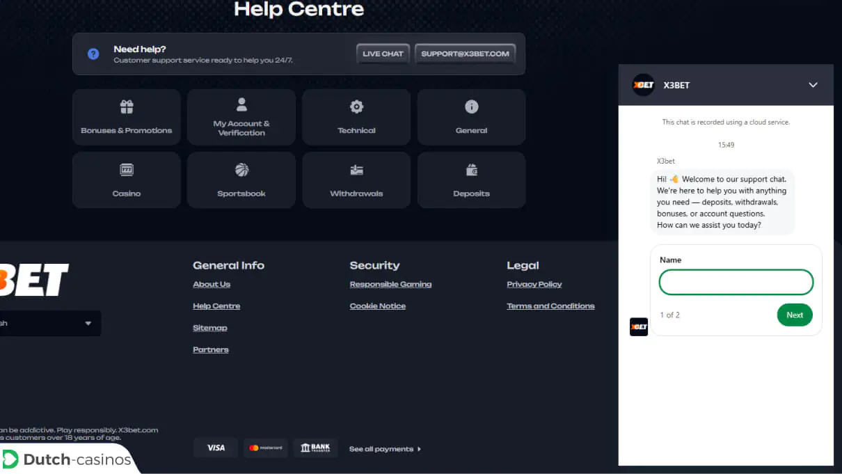X3bet Klantenservice van het casino